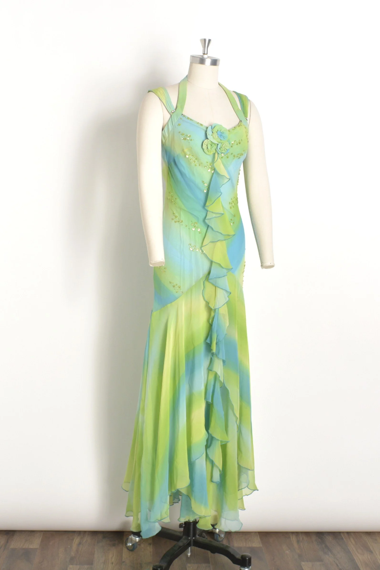 Y2K Diane Freis Blue and Green Ruffle Dress-XS/S — La Poubelle Vintage